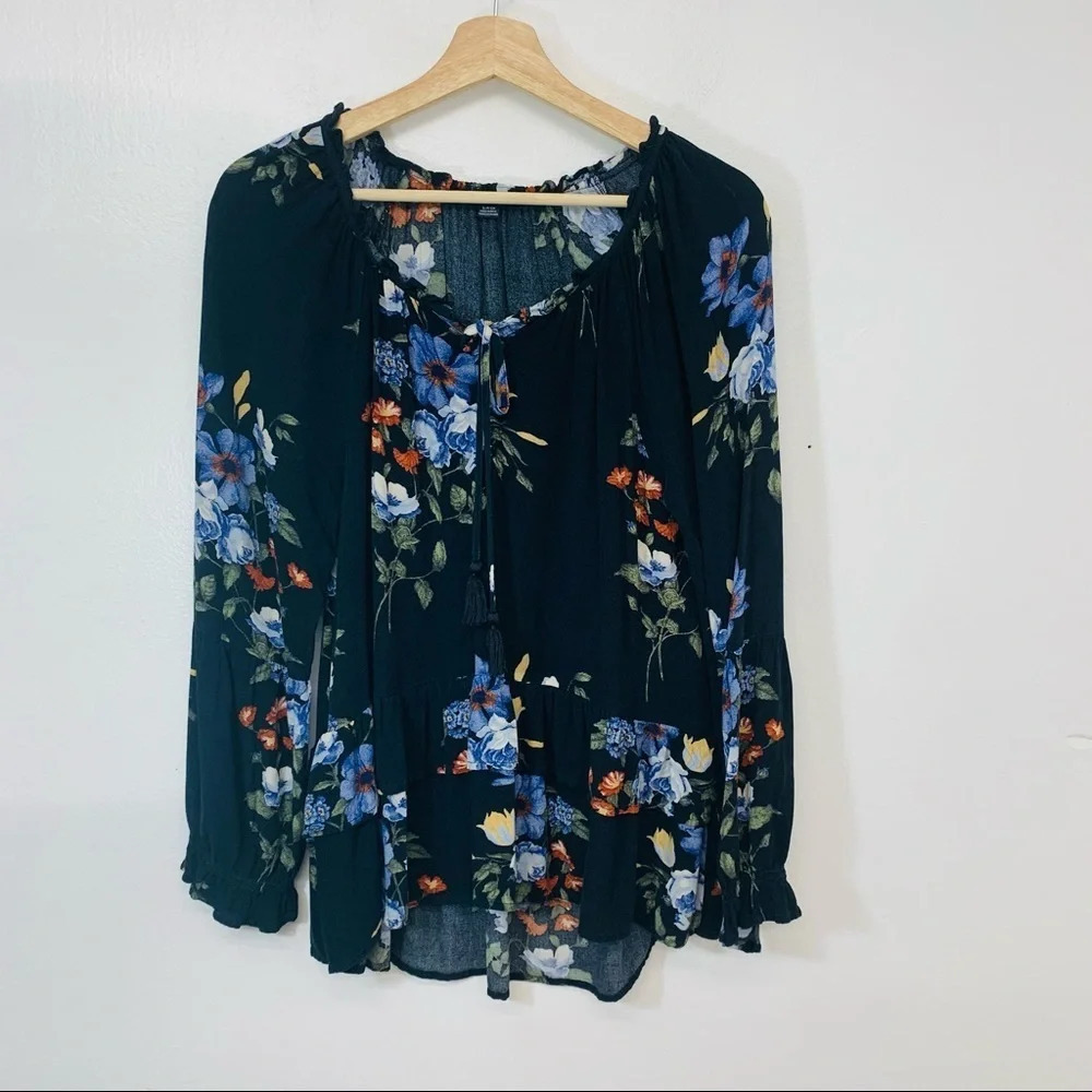 American Eagle Womens Peasant Top Small Floral Ruffles Fairy Grunge Work Casual